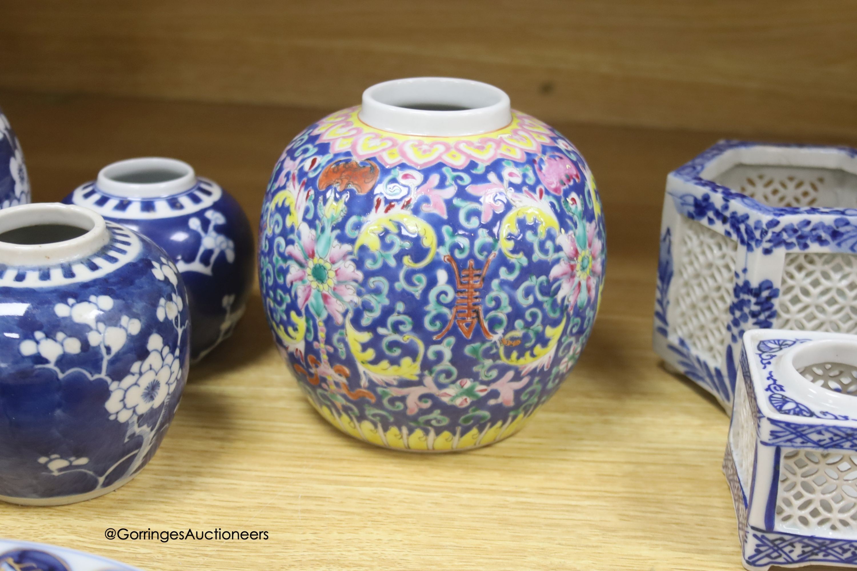 A group of mixed Chinese ceramics including a and 18th century famille rose teapot and four Samson Imari dishes, diameter 23cm